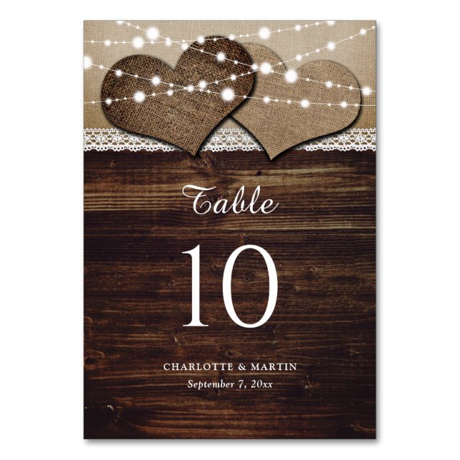 Rustic Wood Burlap and Lace Table Number Cards (Front)