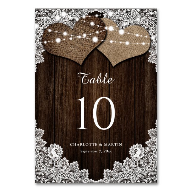 Rustic Wood Burlap and Lace Table Number Cards (Front)