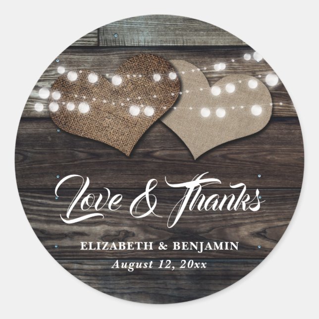Rustic Wood Burlap and Lace Wedding Favour Sticker (Front)