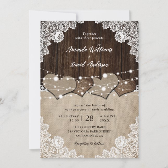 Rustic Wood Burlap and Lace Wedding Invitations (Front)