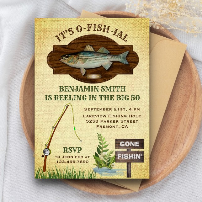 Rustic Wood Burlap Fishing Birthday Party Invite (Creator Uploaded)