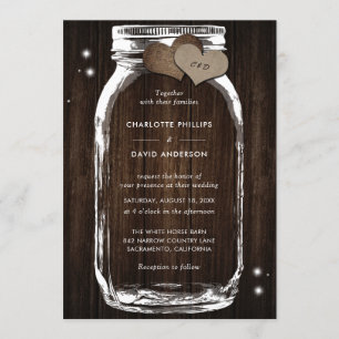 Rustic Wood Burlap Hearts Mason Jar Wedding Invitation
