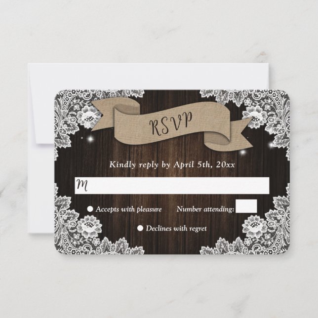 Rustic Wood Burlap Hearts Ribbon Lace Wedding RSVP Card (Front)