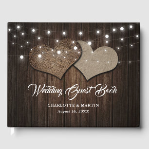 Rustic Wood Burlap Hearts String Lights Wedding Guest Book