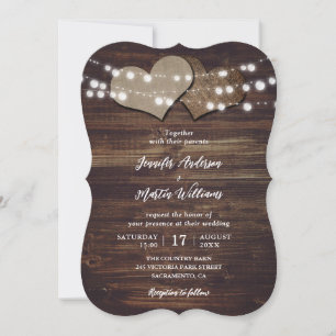 Rustic Wood Burlap Hearts String Lights Wedding Invitation