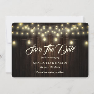 Rustic Wood Burlap Hearts String Lights Wedding Save The Date