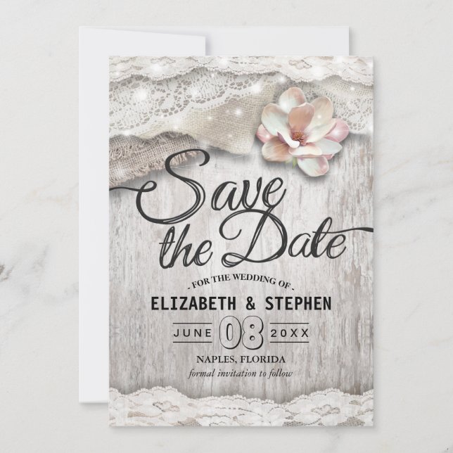 Rustic Wood Burlap Lace Barn Wedding Save The Date (Front)