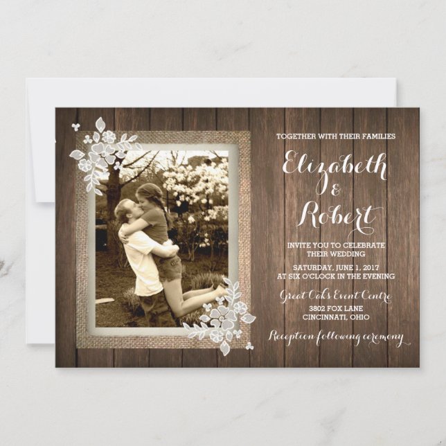 Rustic Wood Burlap Lace Photo Wedding Invitation (Front)