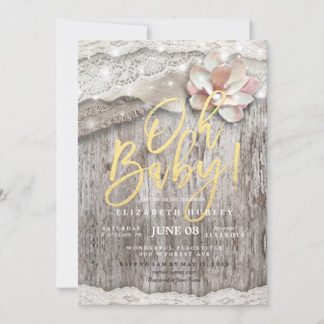 Rustic Wood Burlap Lace String Lights Baby Shower Invitation (Front)