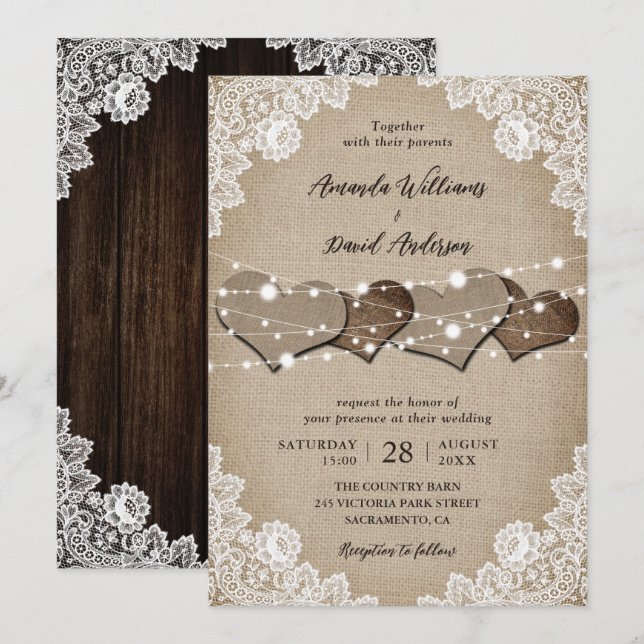 Rustic Wood Burlap Lace String Lights Wedding Invitation (Front/Back)