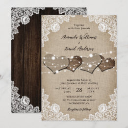 Rustic Wood Burlap Lace String Lights Wedding Invitation