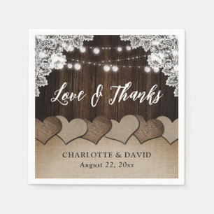Rustic Wood Burlap Lace String Lights Wedding Napkin