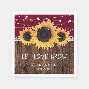 Rustic Wood Burlap Lace Sunflower Burgundy Wedding Napkin