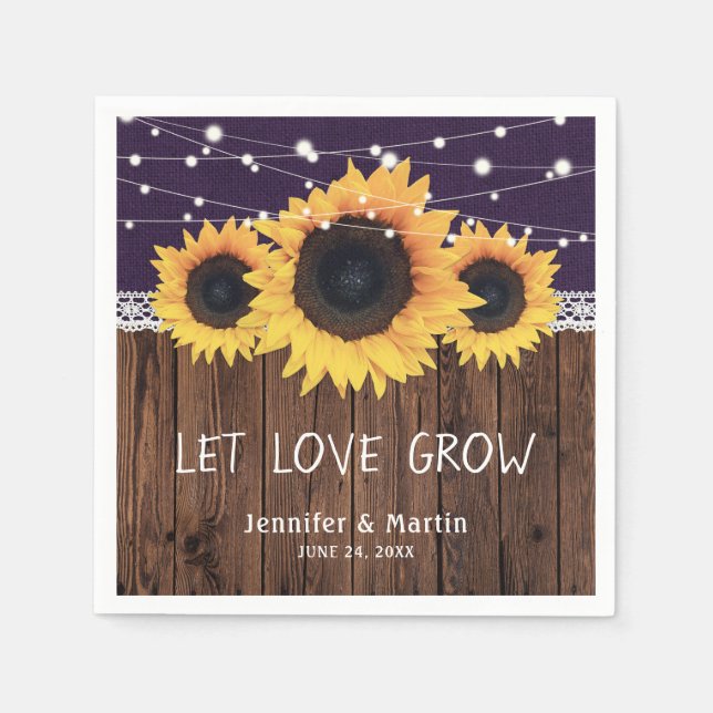 Rustic Wood Burlap Lace Sunflower Purple Wedding Napkin (Front)