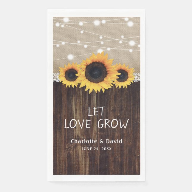 Rustic Wood Burlap Lace Sunflower Wedding Napkin (Front)