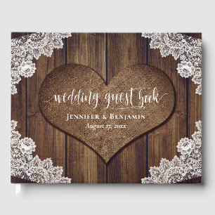 Rustic Wood Burlap Lace Wedding Guest Book