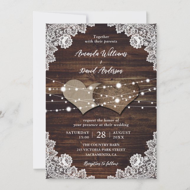Rustic Wood Burlap Lace Wedding Invitation (Front)