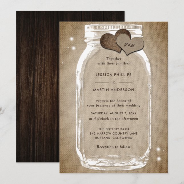 Rustic Wood Burlap Mason Jar Invitations de mariag (Devant / Derrière)