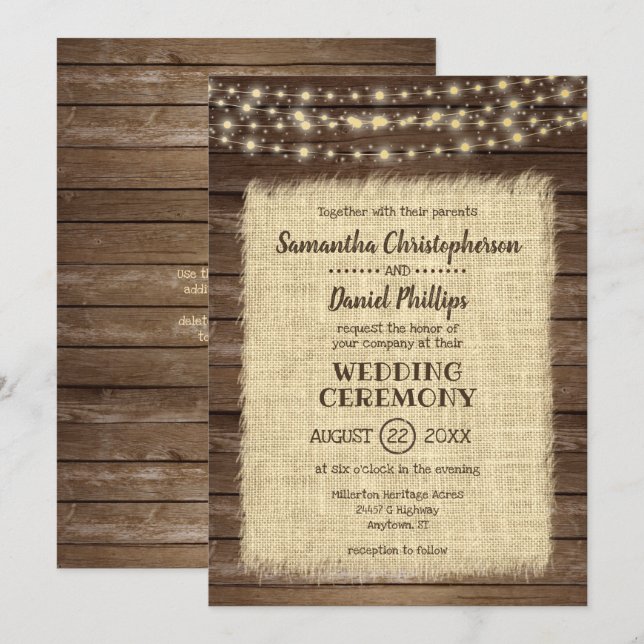Rustic Wood, Burlap & String Lights Wedding Invitation (Front/Back)