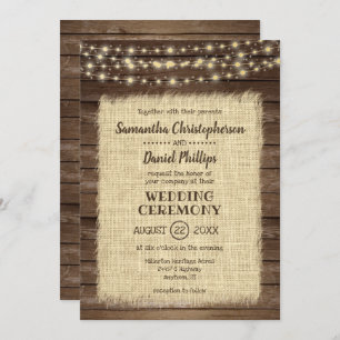 Rustic Wood, Burlap & String Lights Wedding Invitation