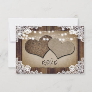 Rustic Wood Burlap String Lights Wedding RSVP Card