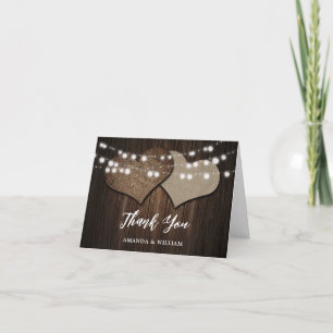 Rustic Wood Burlap String Lights Wedding Thank You Card