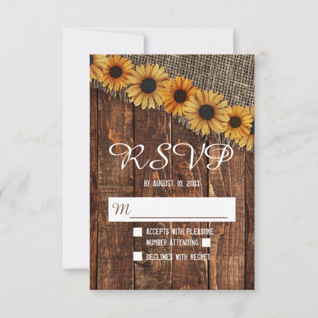 Rustic Wood Burlap Sunflower Country Wedding RSVP (Front)