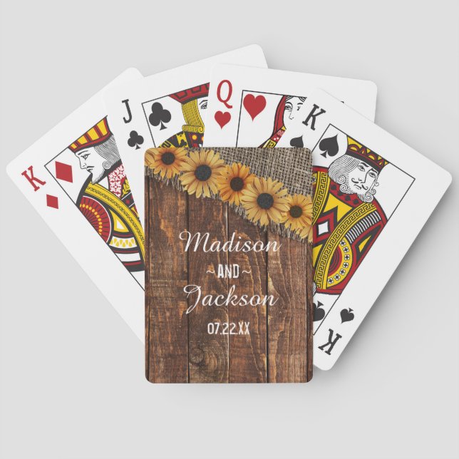 Rustic Wood & Burlap Sunflower Wedding Favour Playing Cards (Back)