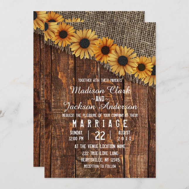 Rustic Wood & Burlap Sunflower Wedding Invitation (Front/Back)