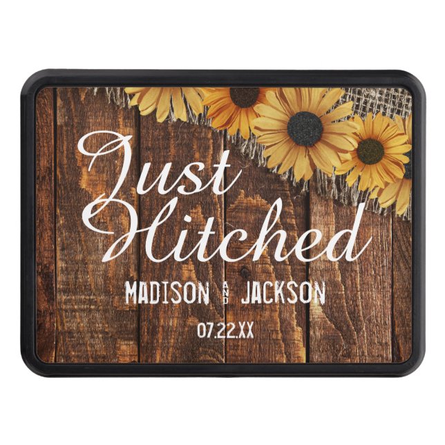 Rustic Wood Burlap Sunflower Wedding Just Hitched Trailer Hitch Cover (Front)
