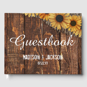 Rustic Wood & Burlap Sunflower Wedding Monogram Guest Book