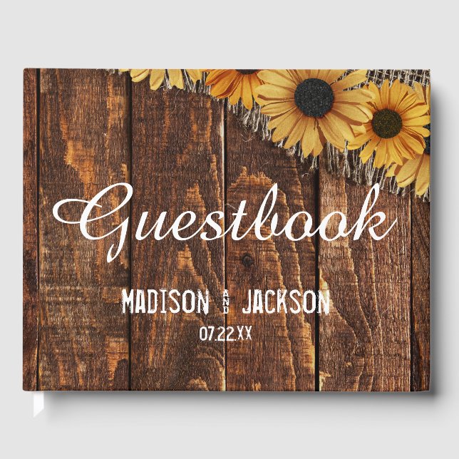 Rustic Wood & Burlap Sunflower Wedding Monogram Guest Book (Front)