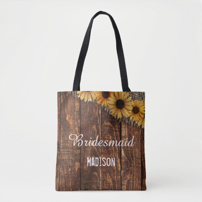 Rustic Wood & Burlap Sunflower Wedding Monogram Tote Bag (Front)