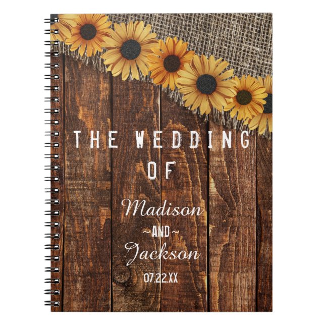 Rustic Wood & Burlap Sunflower Wedding Planner Notebook (Front)