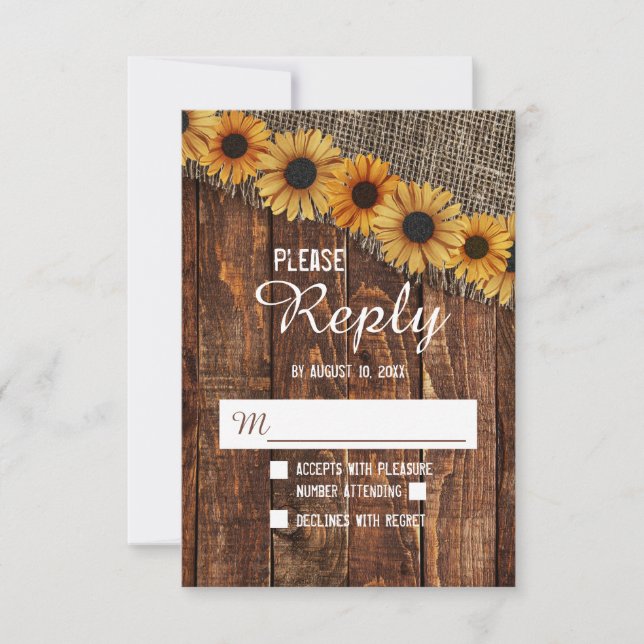 Rustic Wood & Burlap Sunflower Wedding Reply RSVP (Front)