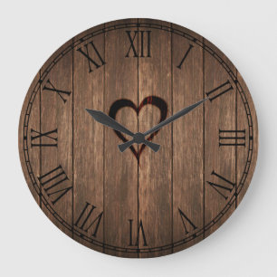 Rustic Wood Burned Heart Print Large Clock