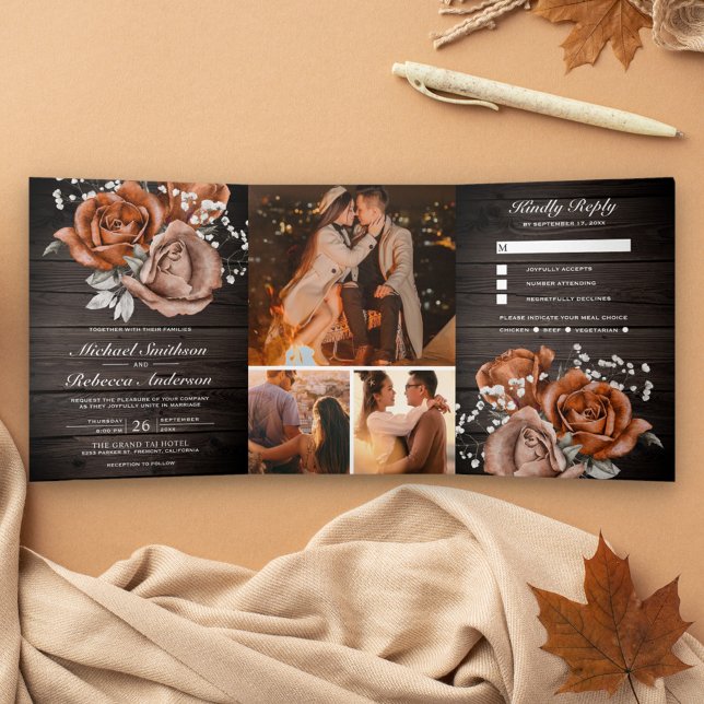 Rustic Wood Burnt Orange Rose All in One Wedding Tri-Fold Invitation (Creator Uploaded)