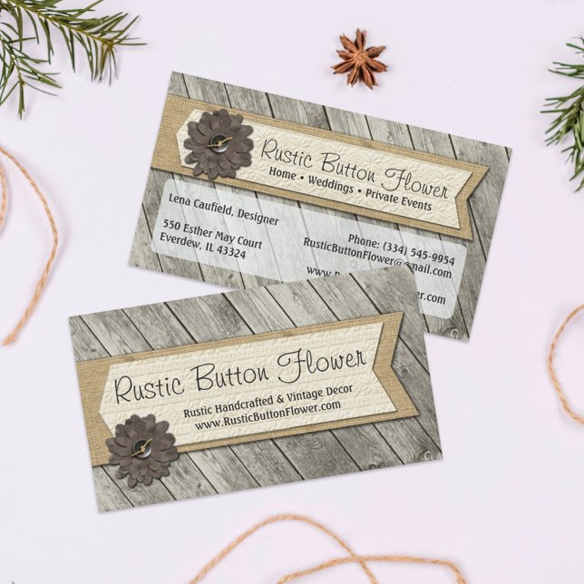 Rustic Wood Button Fabric Flower & Shabby Burlap Business Card (Creator Uploaded)