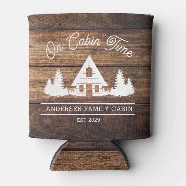 Rustic Wood Cabin Lodge Personalized  Can Cooler (Front)