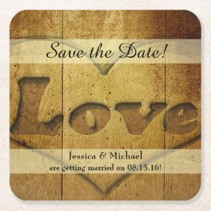 Rustic Wood Carved Love Save the Date Square Paper Coaster