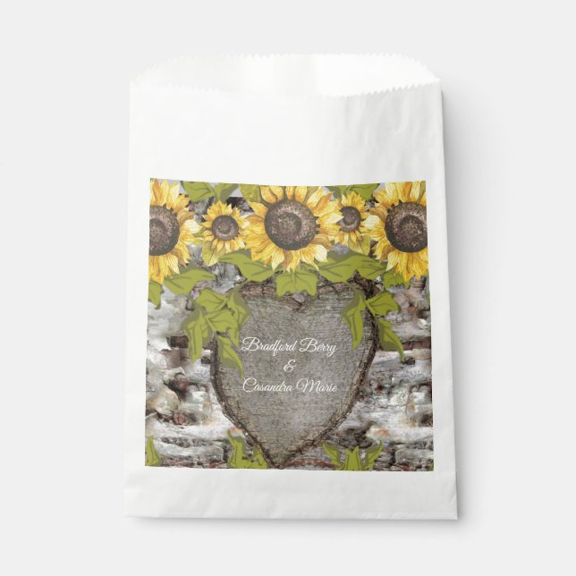 Rustic wood carved names bride groom Sunflower  Favour Bag (Front)