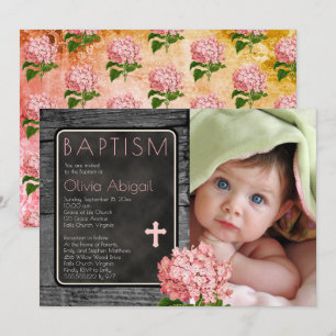 Rustic Wood   Chalkboard Floral Photo Baptism Invitation
