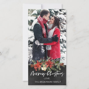Rustic Wood Chalkboard Floral Photo Christmas Holiday Card