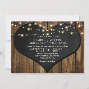 Rustic Wood Chalkboard Heart String Lights Wedding Invitation