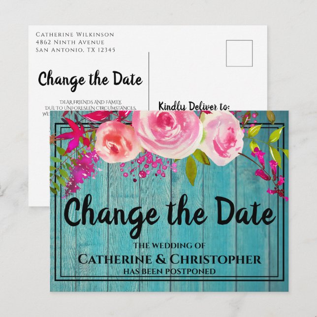 Rustic Wood Change the Date Wedding Postponed Postcard (Front/Back)