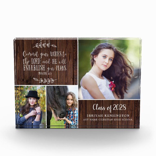 Rustic Wood Christian Graduation Bible Verse Photo Block (Front)