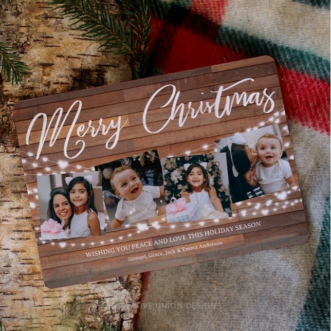 Rustic Wood Christmas 5 Photo String Lights Holiday Card (Rustic Wood Custom Christmas Card. Easy to Personalize. 5 Photo Christmas Card.)