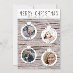 Rustic Wood Christmas Balls Family Photo Collage Holiday Card