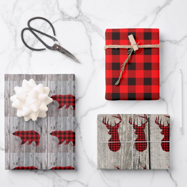 rustic wood christmas deer bear red buffalo check wrapping paper sheet (Front)