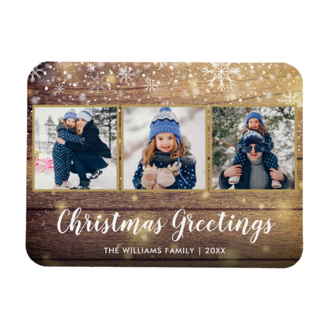 Rustic Wood Christmas Greetings 3 Photo Holiday Magnet (Horizontal)